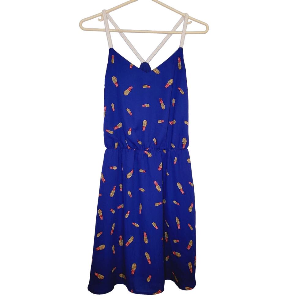 Collective Concepts blue pineapple rope strap dress Med Retro Tropical Fruit